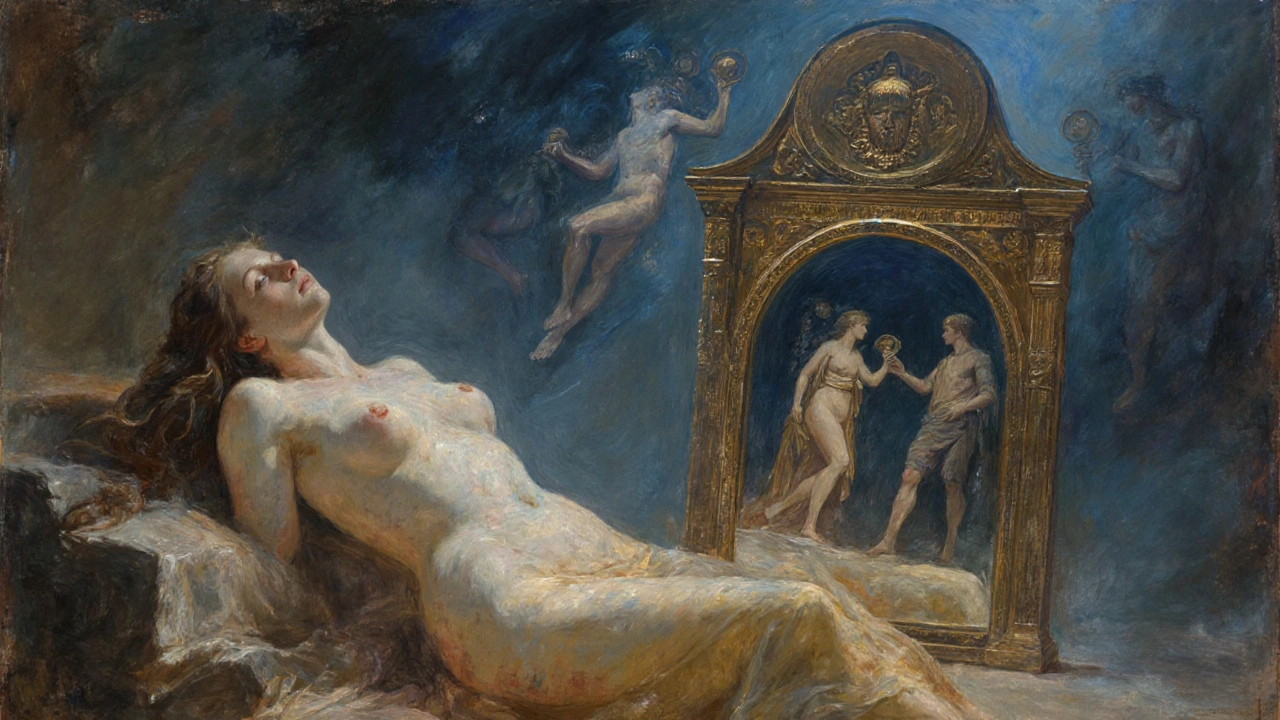 A buried Etruscan woman with a mirror beside her, mythological scenes glowing softly on its surface.