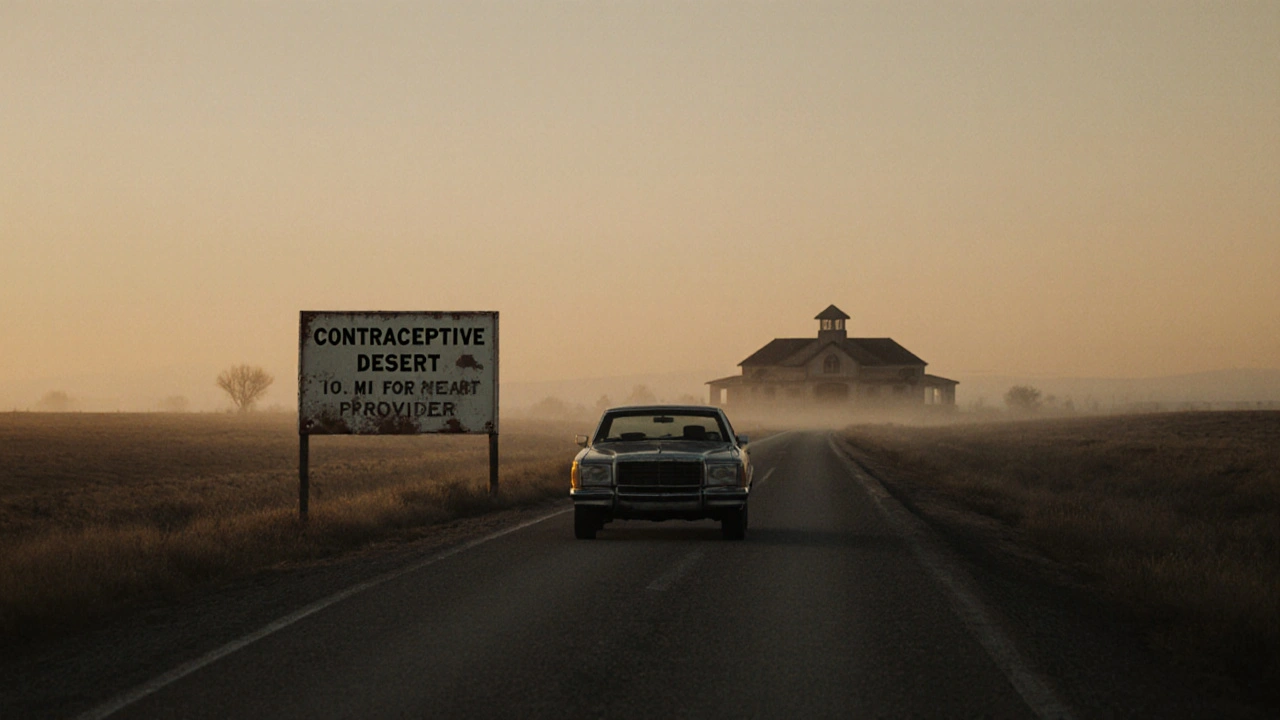 A car drives down a rural road toward a distant clinic, with a sign marking the area as a contraceptive desert.