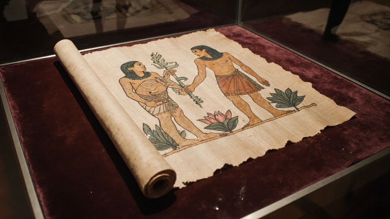 A close-up of the ancient Turin Erotic Papyrus scroll showing detailed ink drawings of a monkey, a couple, and lotus petals under museum lighting.