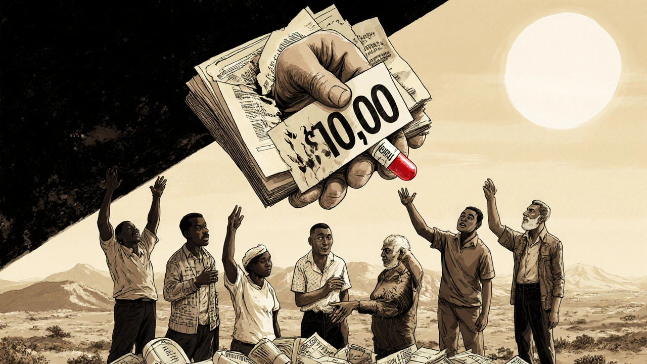 A giant hand crushing a high drug price tag while lifting a low-cost HIV pill toward diverse people.