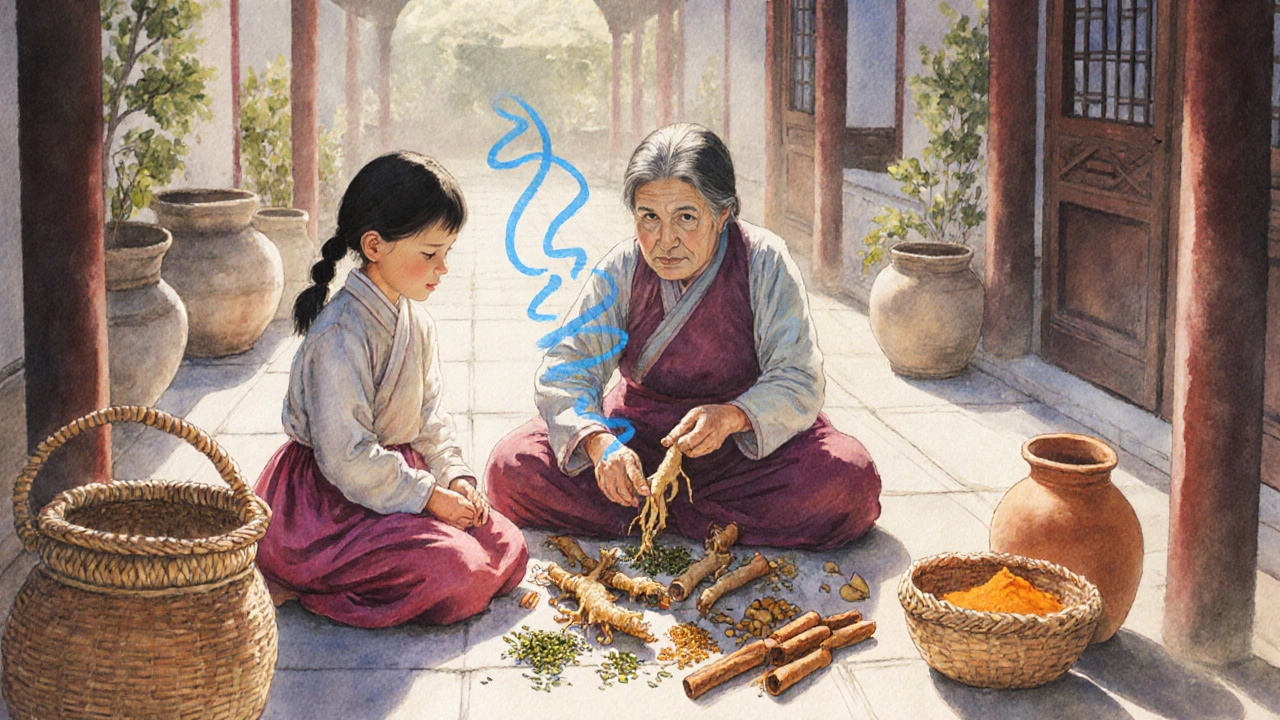 A grandmother preparing herbal remedies like ginseng and turmeric in a sunlit rural courtyard.