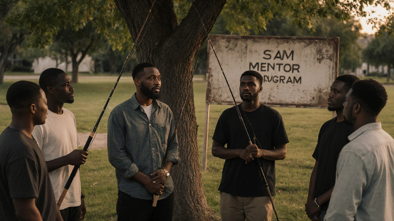 A group of men stand in a park, one speaking softly as others listen, embodying vulnerability and support.