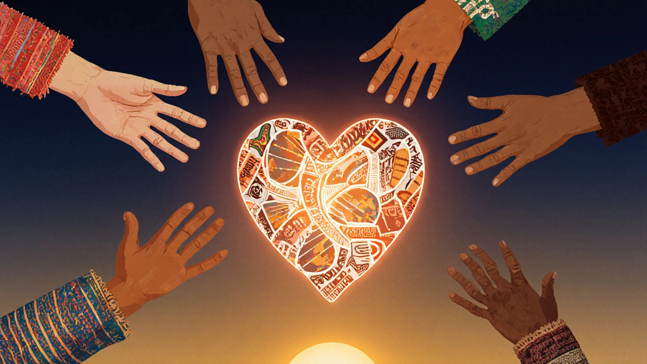 A heart woven from DNA and cultural patterns, symbolizing the intersection of biology and society.