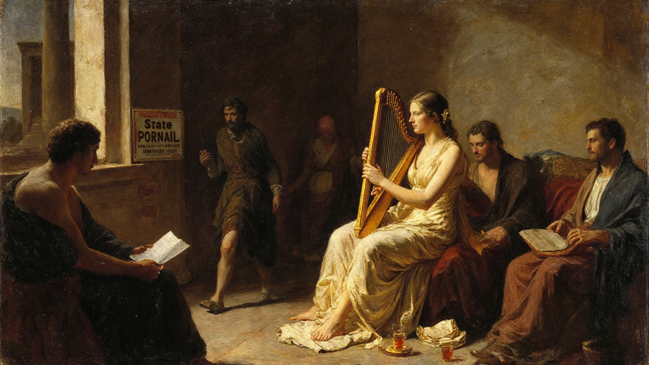 A hetaira playing lyre at a symposium, surrounded by elite men, golden lamplight highlighting her elegance.