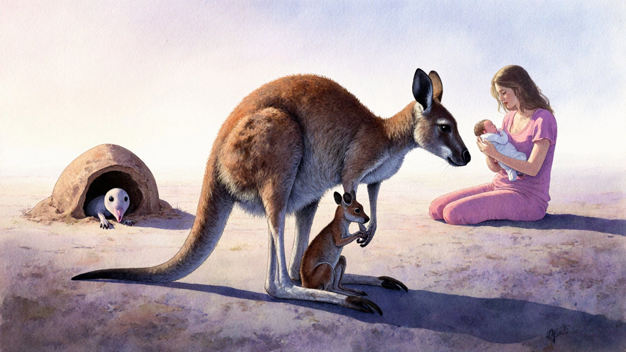 A kangaroo joey in a pouch, a platypus hatching from an egg, and a human baby held by its mother, side by side.