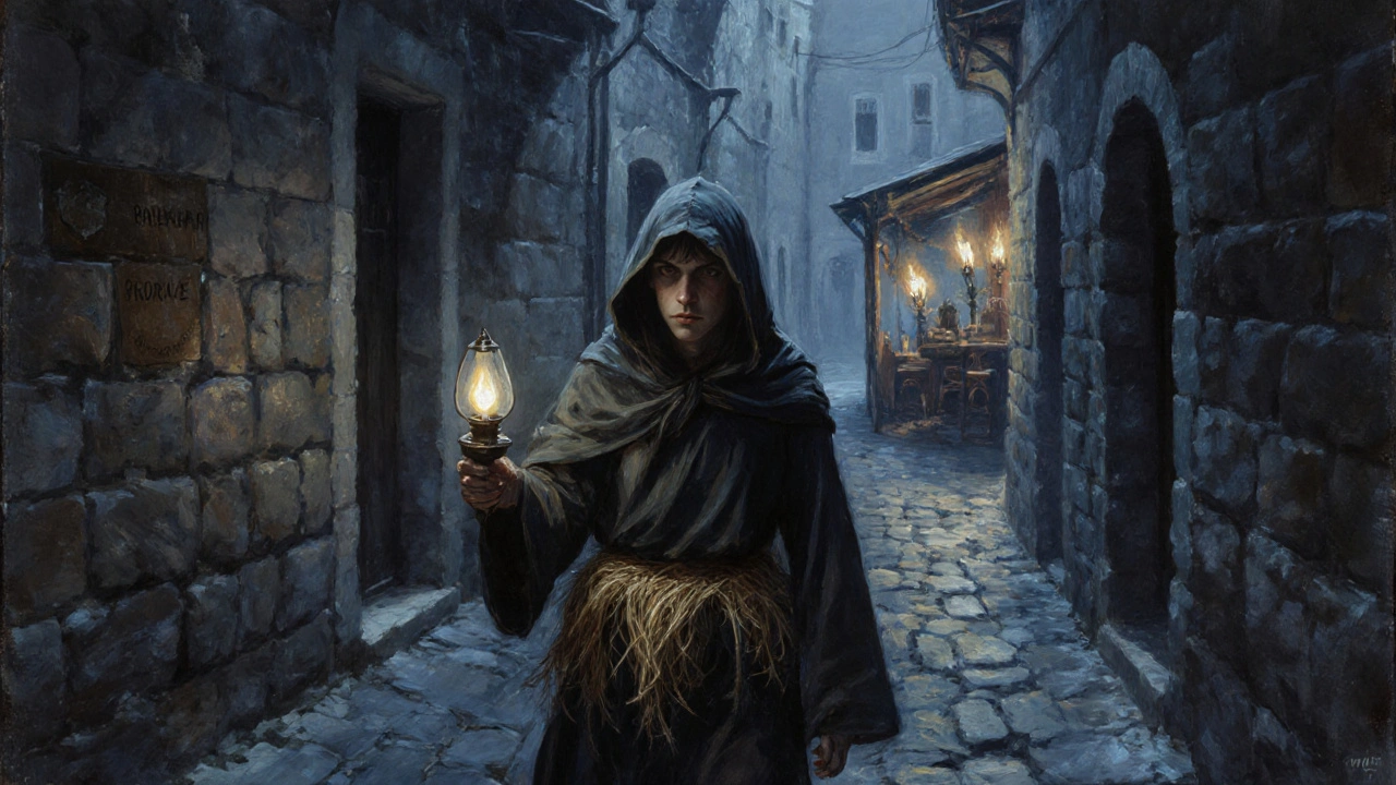 A lone streetwalker in a ragged cloak walks a dark Roman alley at night, holding a flickering oil lamp.