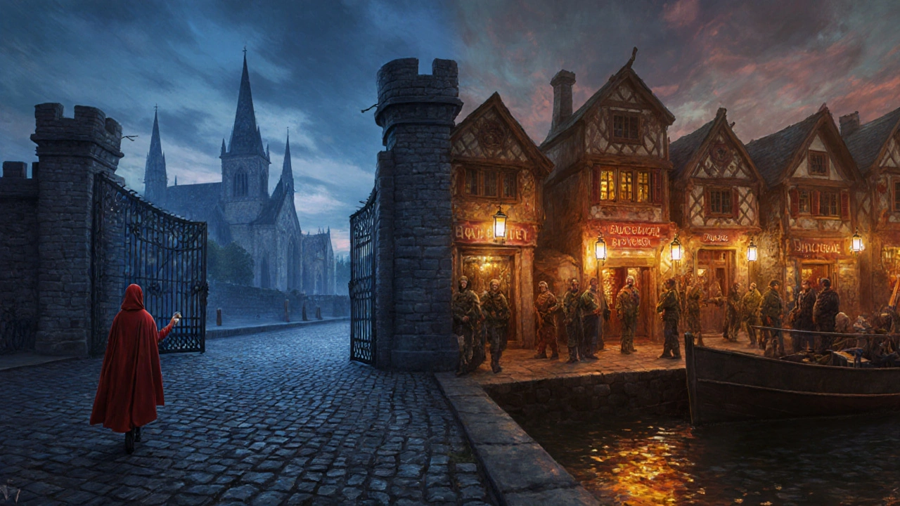 A medieval city gate dividing serene inner streets from warm-lit brothels outside, symbolizing regulated tolerance of sex work.