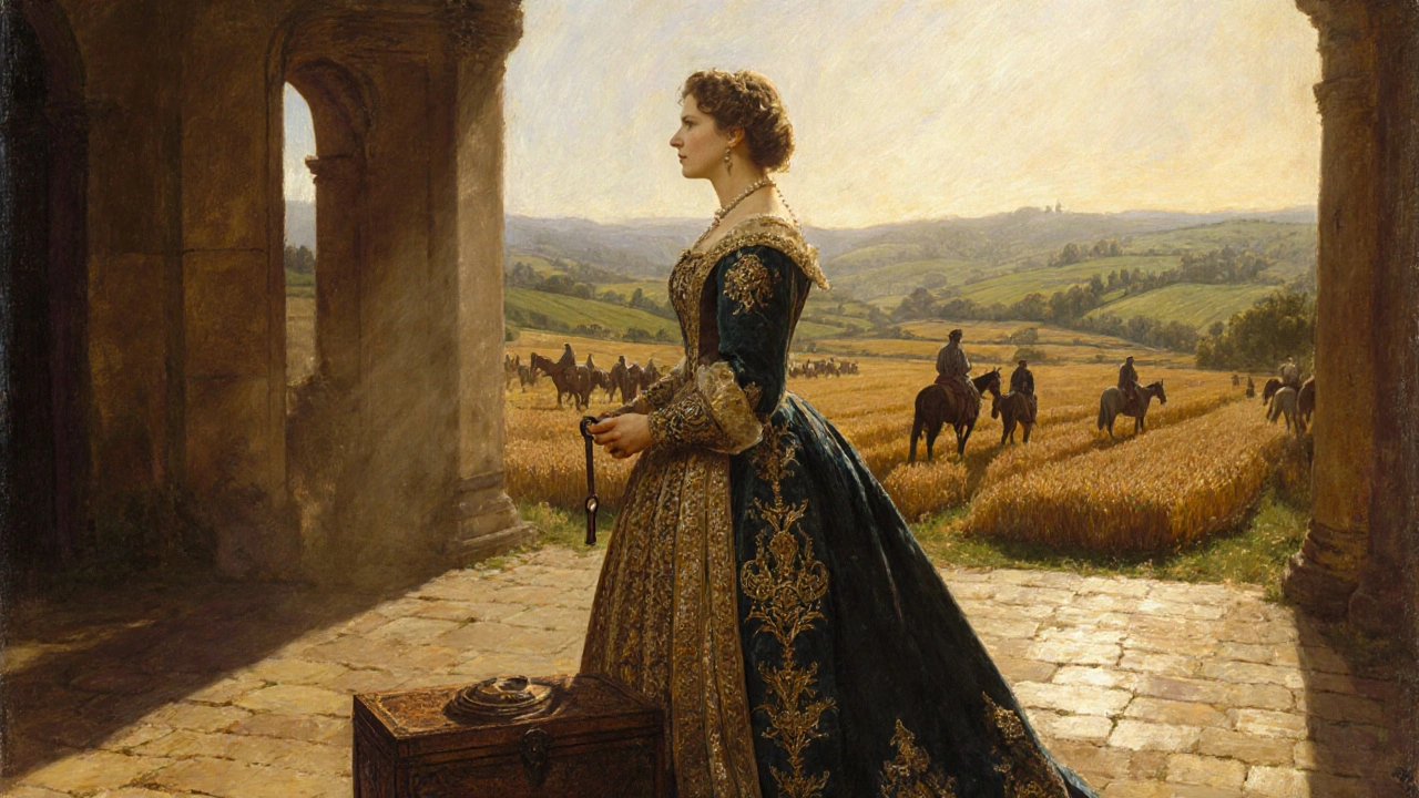 A noblewoman overseeing her dower lands, managing tenants and harvest in a sunlit courtyard.