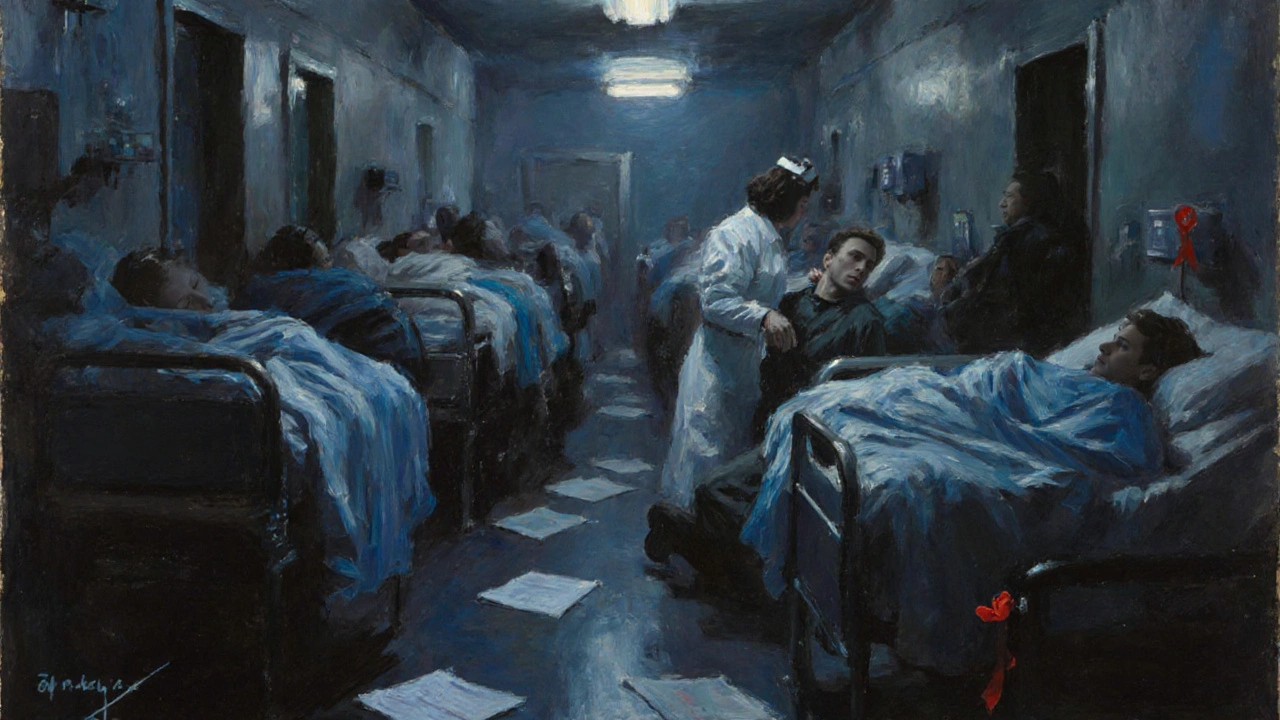 A nurse kneeling beside a dying patient in a crowded New York hospital corridor during the AIDS crisis.