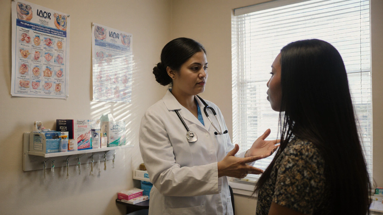 A nurse practitioner explains birth control options to a young Black woman in a warm, well-lit clinic exam room.