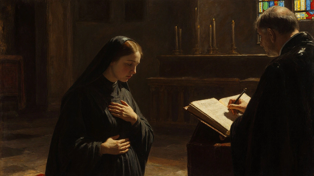 A penitent woman in a medieval chapel confessing her sin before a priest, hand on her abdomen.