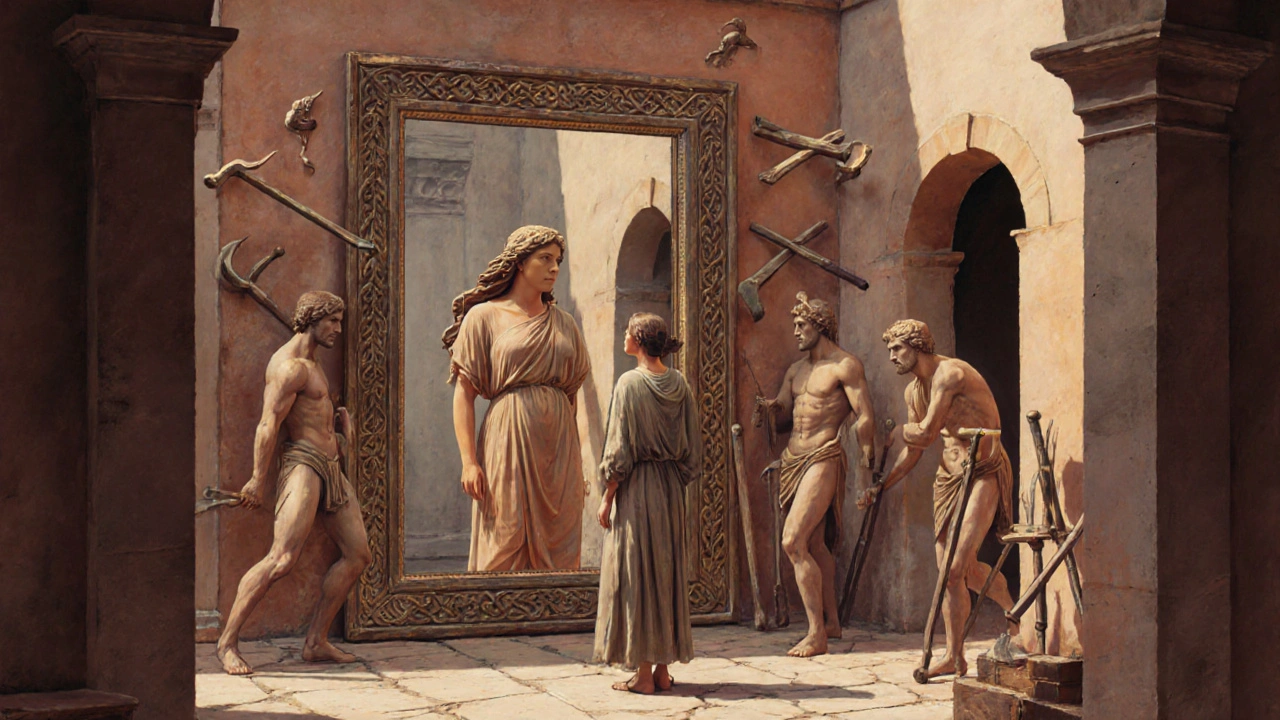 A woman&#039;s reflection transforms into Helen of Troy, surrounded by mythological figures in ancient style.