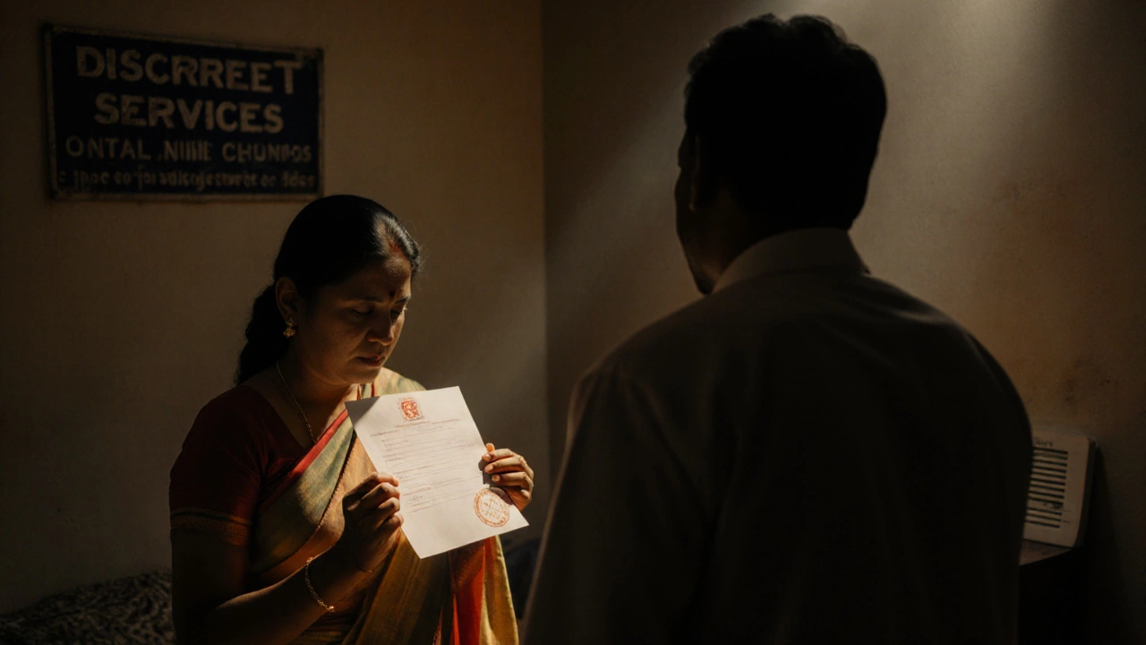 A woman holds a fake virginity certificate in a private Mumbai clinic, the doctor avoiding her gaze.