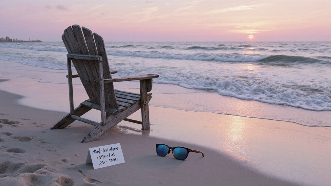An empty beach chair with sunglasses and a memorial card on the sand at Fort Lauderdale shore at dusk.