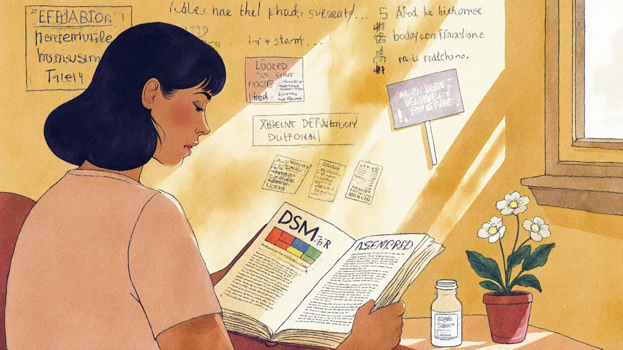 An LGBTQ+ person sits in a sunlit therapy room, holding a DSM manual beside affirmations and a forgotten pill bottle.