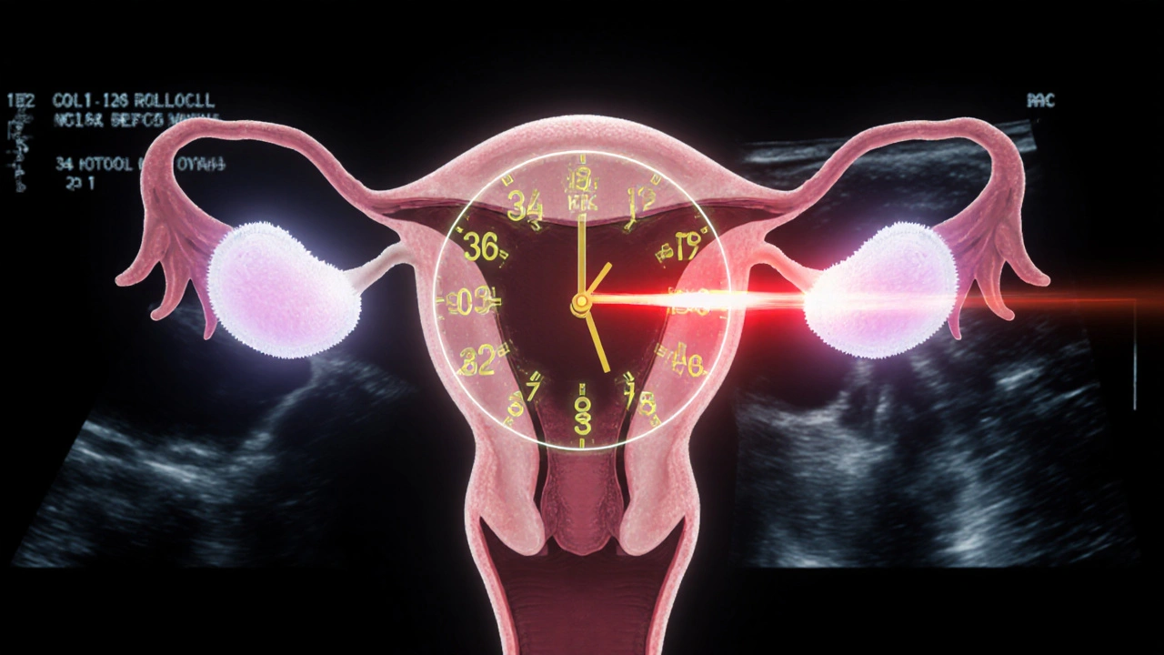 Biological clock inside an ovary with glowing follicles and 34-36 hour countdown, one egg releasing prematurely.