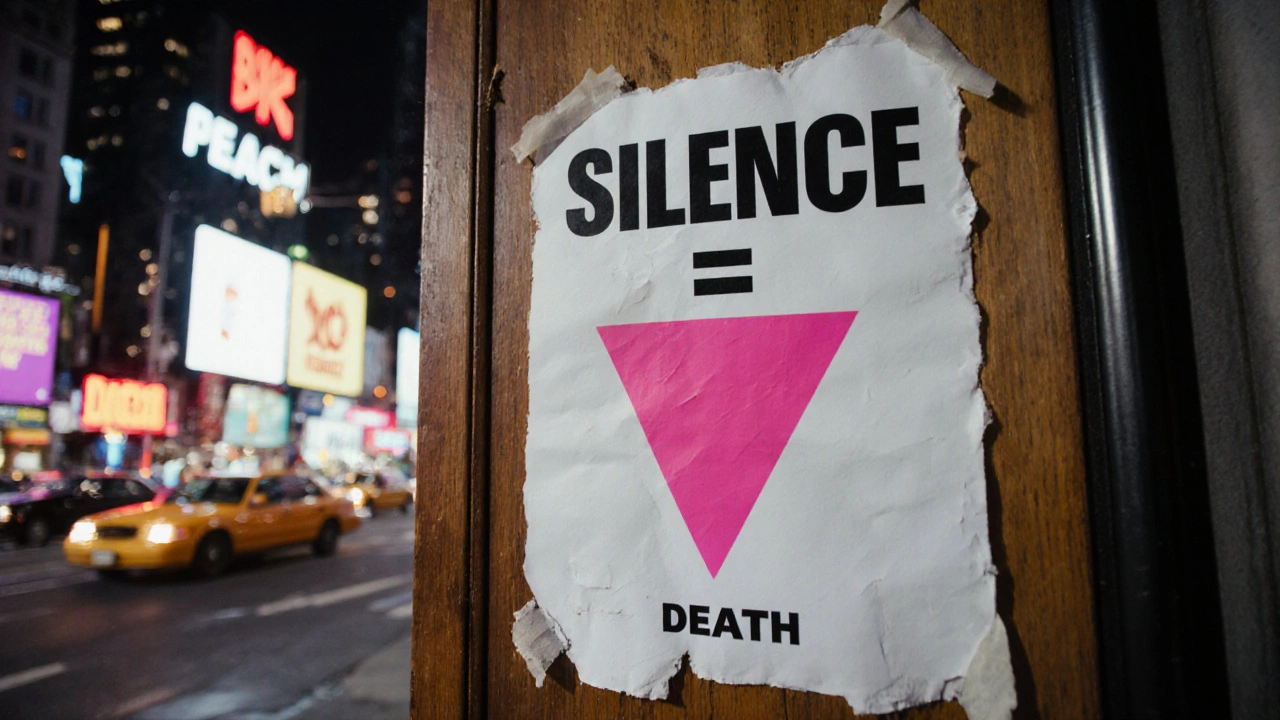 Close-up of the black-and-white Silence=Death poster with pink triangle on a wooden door, 1980s neon lights blurred in background.