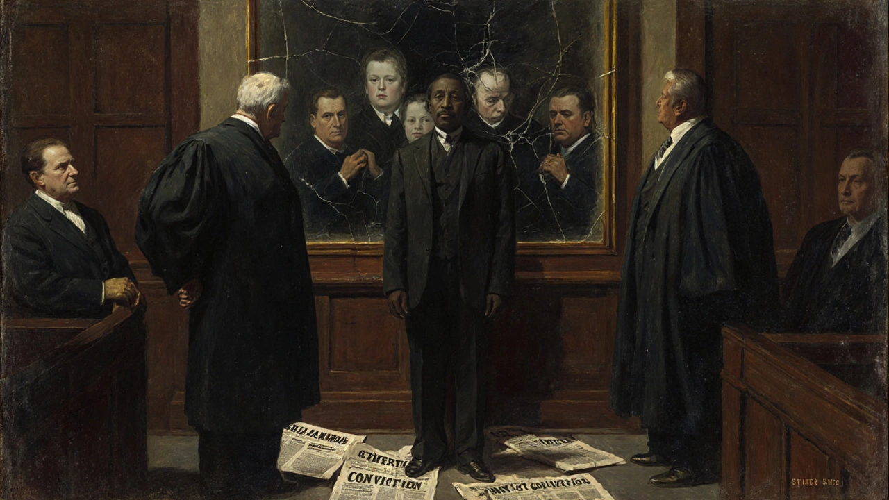 Courtroom scene with a Black defendant isolated under looming white figures, dramatic shadows, no text.