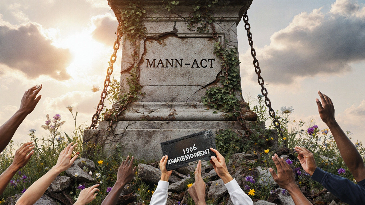 Crumbled Mann Act statute overgrown with flowers, diverse hands lifting a modern plaque at dawn.