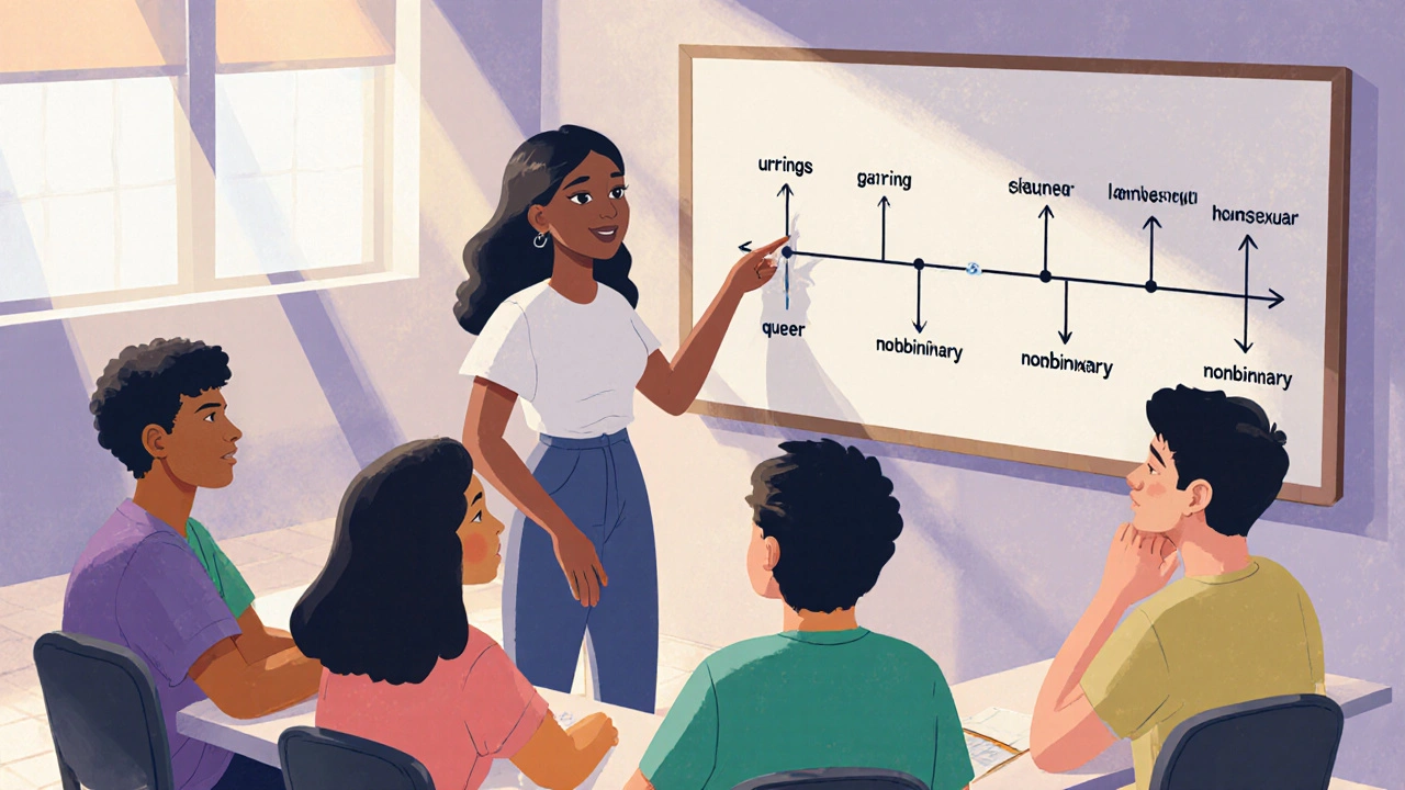 Diverse students learning about evolving sexual identities in a modern classroom setting.
