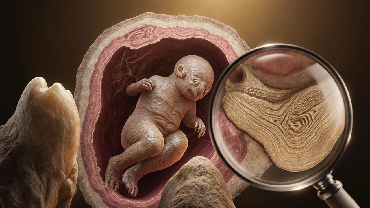 Fossilized teeth with growth rings and a cross-section of a mammal fetus with a placenta-like structure.