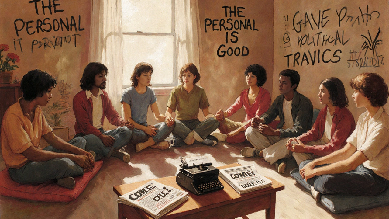 Group of people in a 1970s living room sharing personal stories in a consciousness-raising circle.