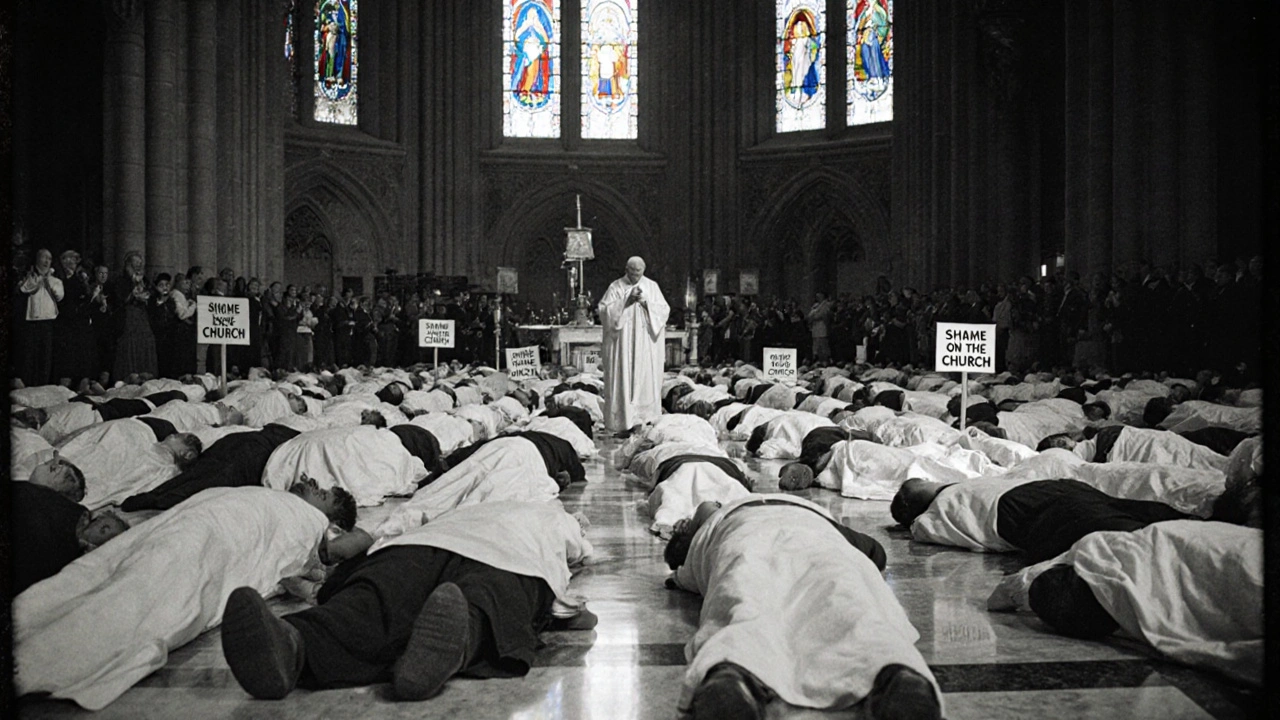 Hundreds of protesters lying on the floor of St. Patrick’s Cathedral during Mass, holding signs of protest.