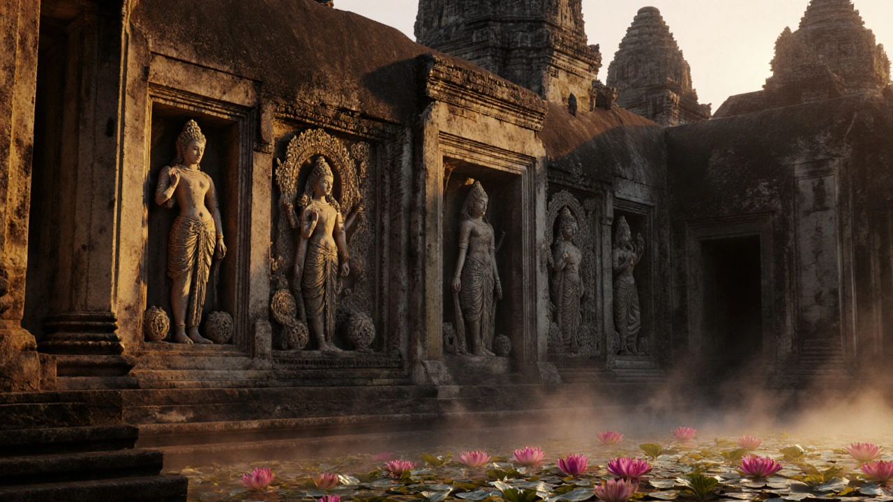 Intricate temple carvings at Angkor Wat depicting sacred intimate poses under golden morning light.