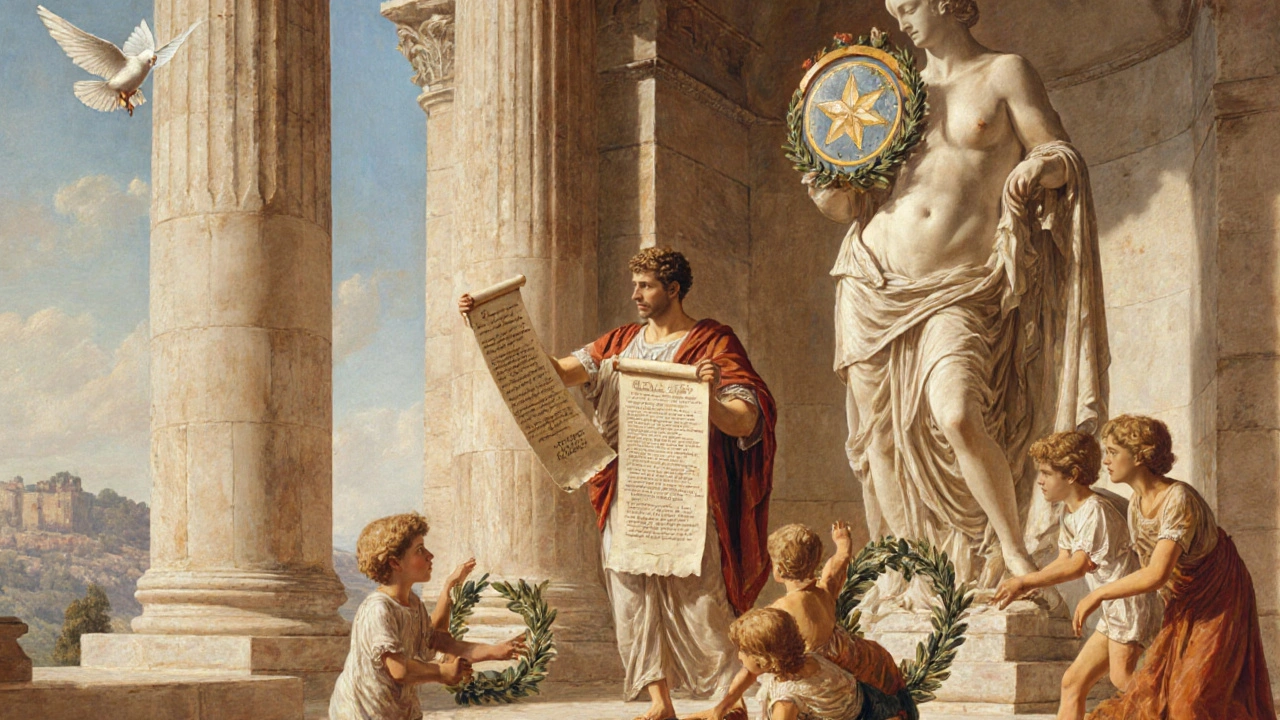 Julius Caesar before Temple of Venus Genetrix, statue holding sacred relic as children play among laurels and olive branches.