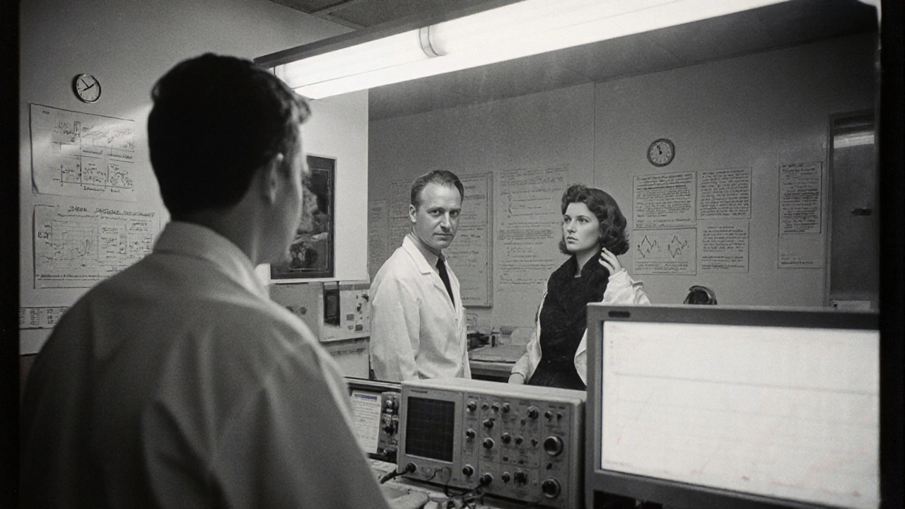 Masters and Johnson observe a couple in a 1960s lab, with charts and monitors documenting the sexual response cycle.