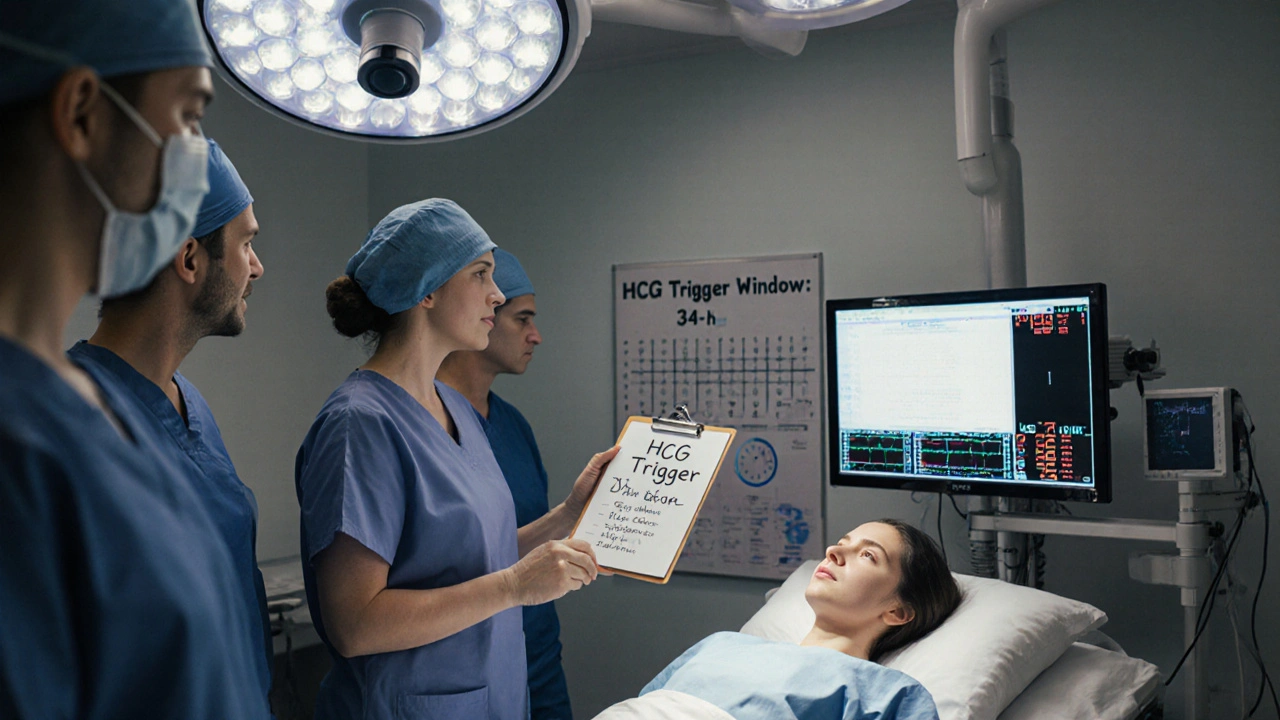 Medical team performing egg retrieval with trigger timing chart visible on wall in clinic.