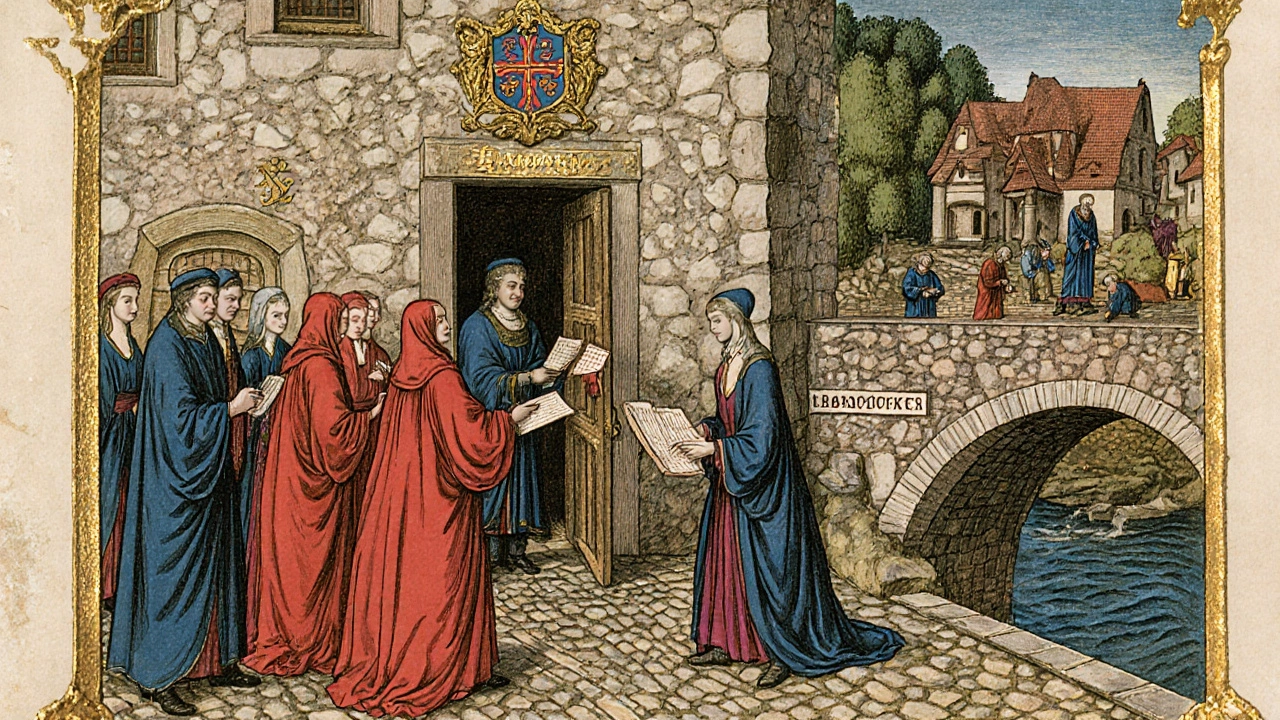 Medieval officials collecting fees from women in red cloaks outside a city-run brothel in Nuremberg, with a bridge under repair in the background.