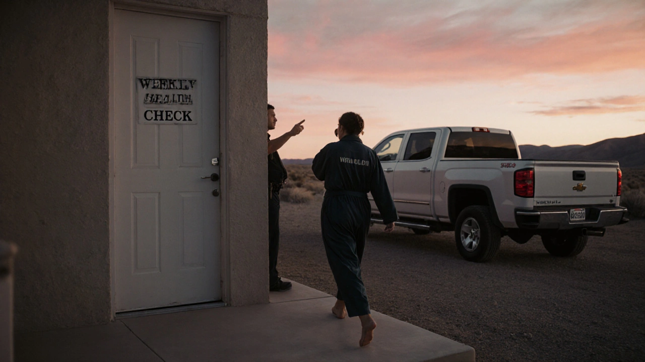 Modern Nevada brothel worker walking past a health clinic at dawn under desert sky