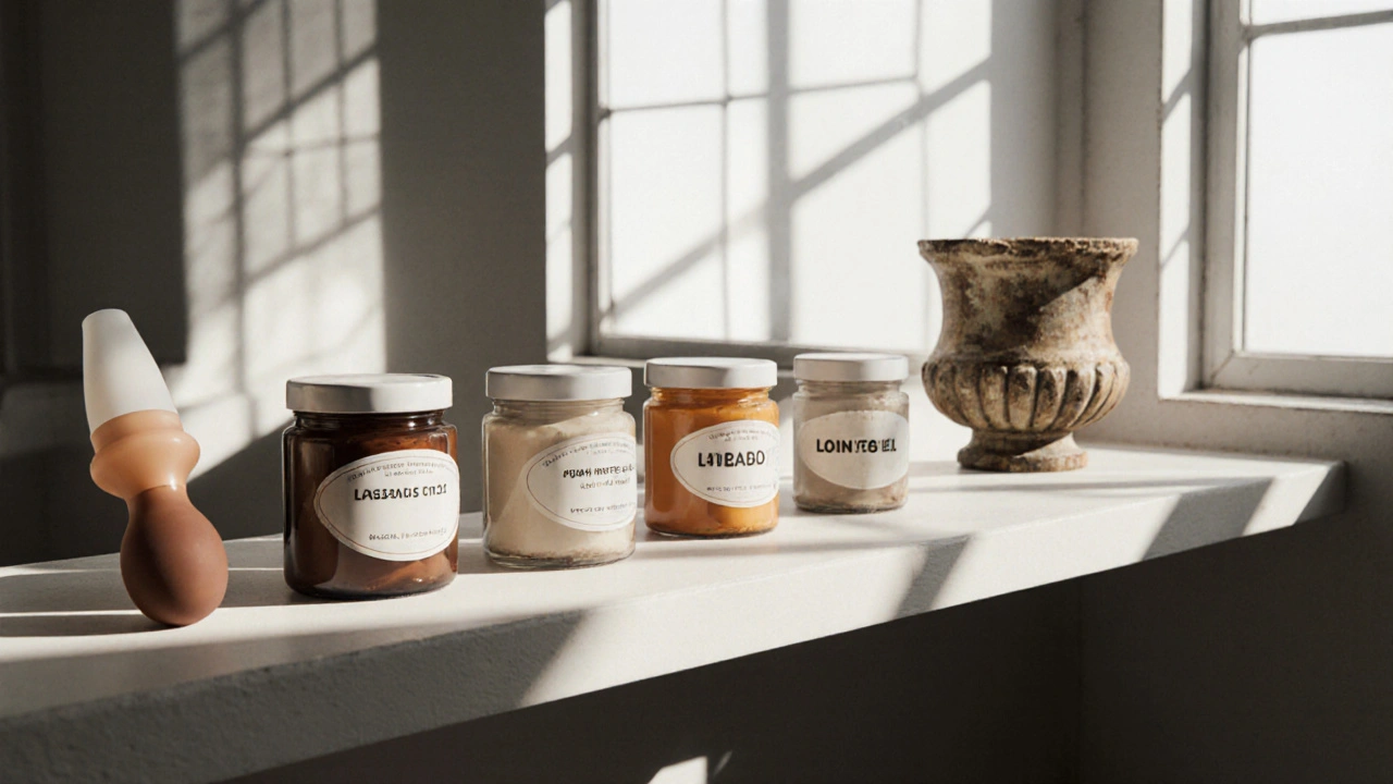 Modern sex toys displayed openly on a shelf with an ancient Greek olisbos in the corner.