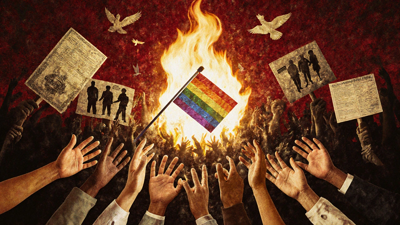 Multicolored hands reaching toward a glowing flame symbolizing LGBTQ+ liberation and resistance.