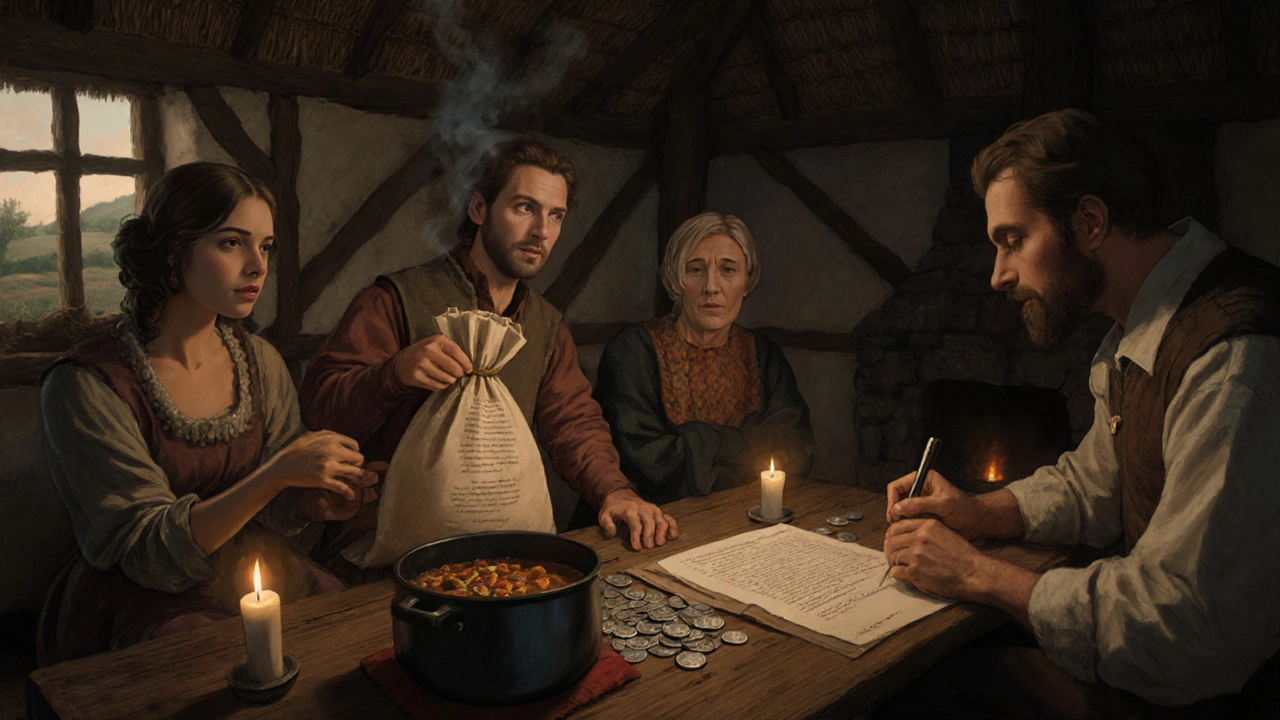 Peasant families exchanging coins and land deeds with a lord&#039;s clerk in a humble cottage.