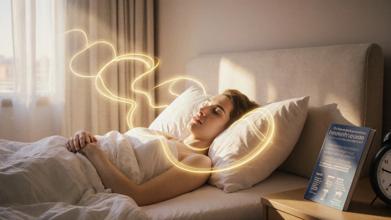 Person lying peacefully in bed at dawn, golden light radiating from their body, symbolizing stress relief and biological calm.