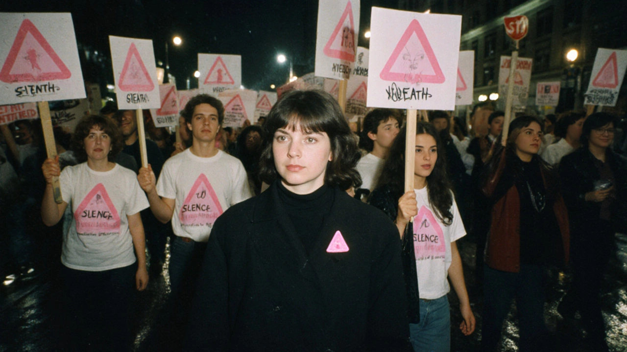 Protesters marching in 1987 holding Silence=Death signs, rain-slicked streets, a woman in foreground wearing a pink triangle pin.