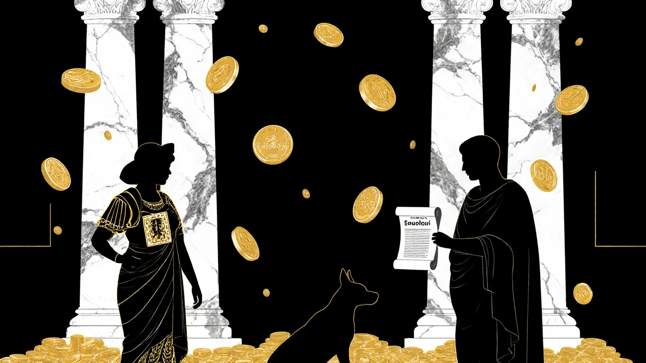 Silhouetted figures representing registered, unregistered, and official Roman sex work roles with tax symbols above.