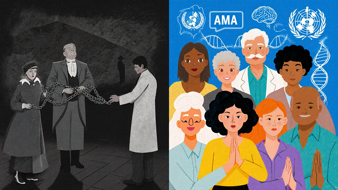 Split mural: oppressed Victorian figures on left, confident modern individuals on right, with scientific symbols of health and acceptance.