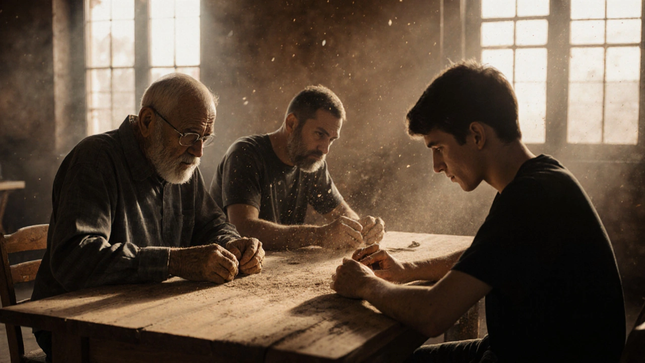 Three generations of men work silently on woodworking together, sharing quiet presence and healing.