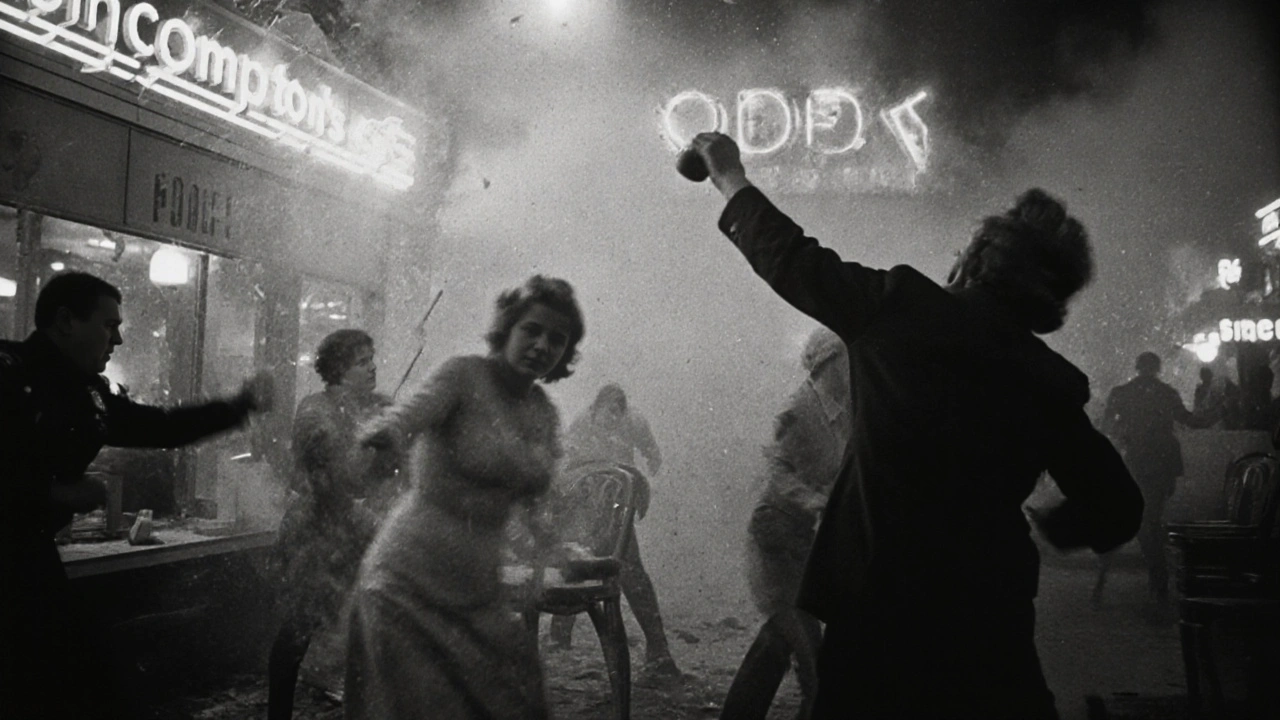 Transgender activists fighting back during the 1966 Compton&#039;s Cafeteria riot, chairs flying and windows breaking.