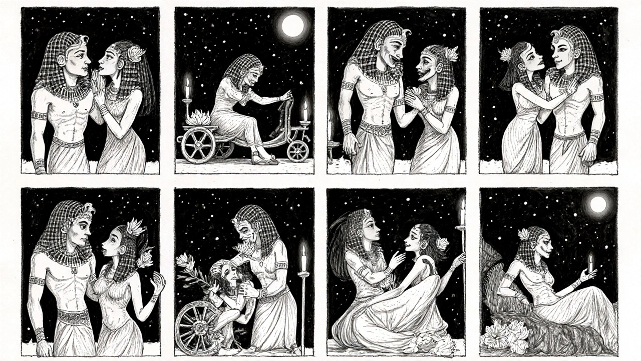 Twelve sequential comic-style panels show exaggerated Egyptian men and idealized women in humorous sexual poses with lotus flowers and musical rattles.