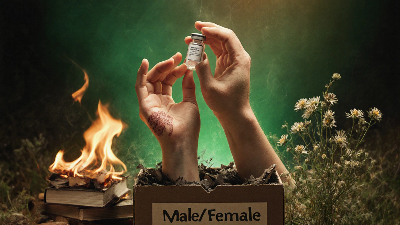 Two hands rising from a broken gender box, one scarred, one holding medicine, with burning books and flowers.