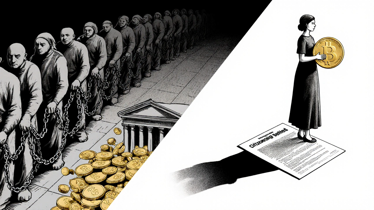 Two symbolic paths: enslaved women feeding coins to a treasury, and a free hetaira facing a &#039;Citizenship Denied&#039; document.