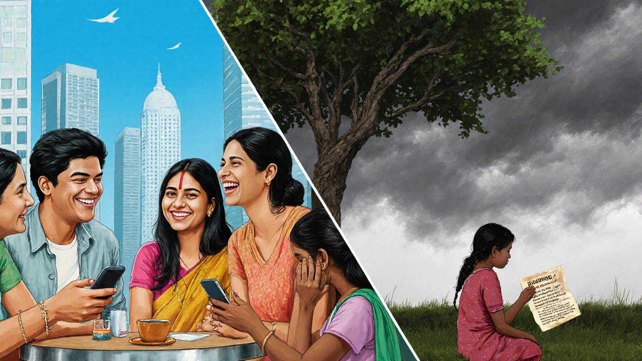 Urban youth laugh at a café while a rural girl clutches a warning note under a tree, symbolizing generational divide.
