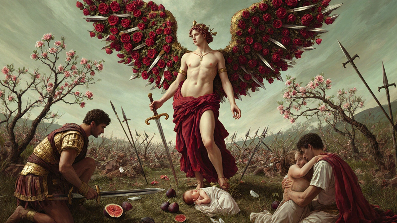 Venus Victrix with rose-and-sword wings, standing over battlefield where love and birth emerge from war.