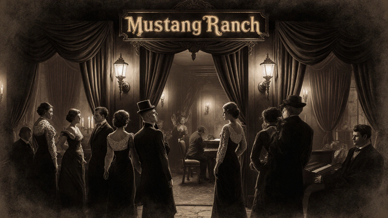 Victorian-era brothel in Storyville at twilight with gas lamps and elegant guests