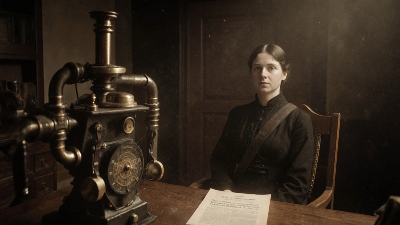 Victorian woman using a steam-powered vibrator labeled as a medical device in a doctor&#039;s office.