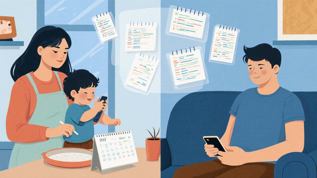 Woman multitasking at home while man relaxes, mental tasks floating above her.